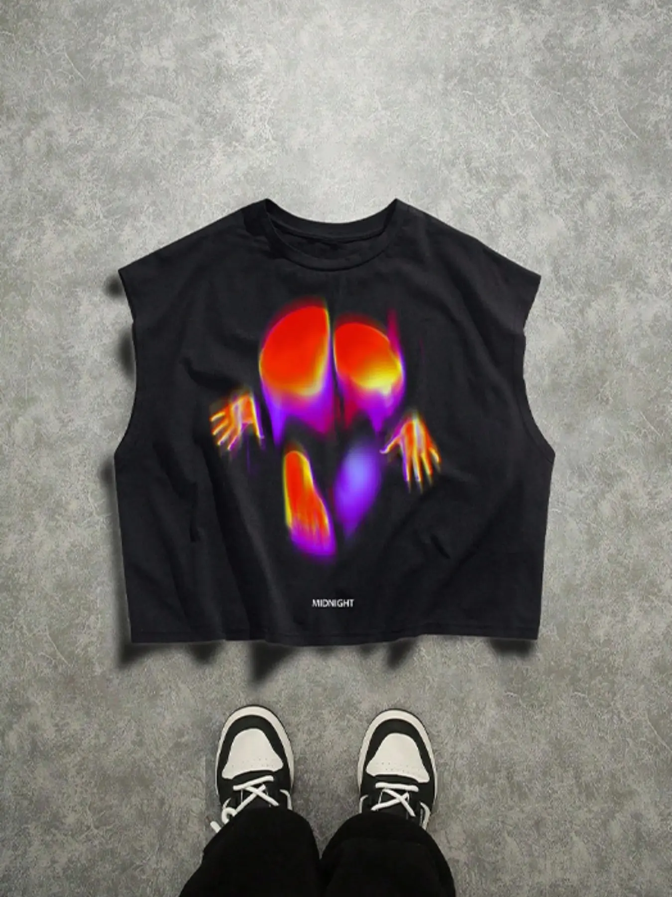 Aesthetic Thermal Heat Map Graphic Round Neck Sleeveless Tee - Men's Oversized Midnight Acid Print Tank Top - Trippy Blurry Human Silhouette Casual Streetwear Vest for Raves, Clubs & Festivals Sleeveless Shirts