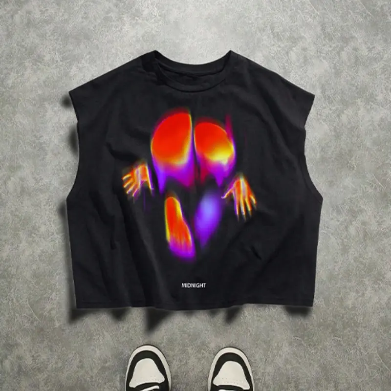 Aesthetic Thermal Heat Map Graphic Sleeveless Tee - - Men's Oversized Midnight Acid Print Tank Top - Trippy Blurry Human Silhouette Streetwear Vest for Raves, Clubs & Festivals Sleeveless Tops
