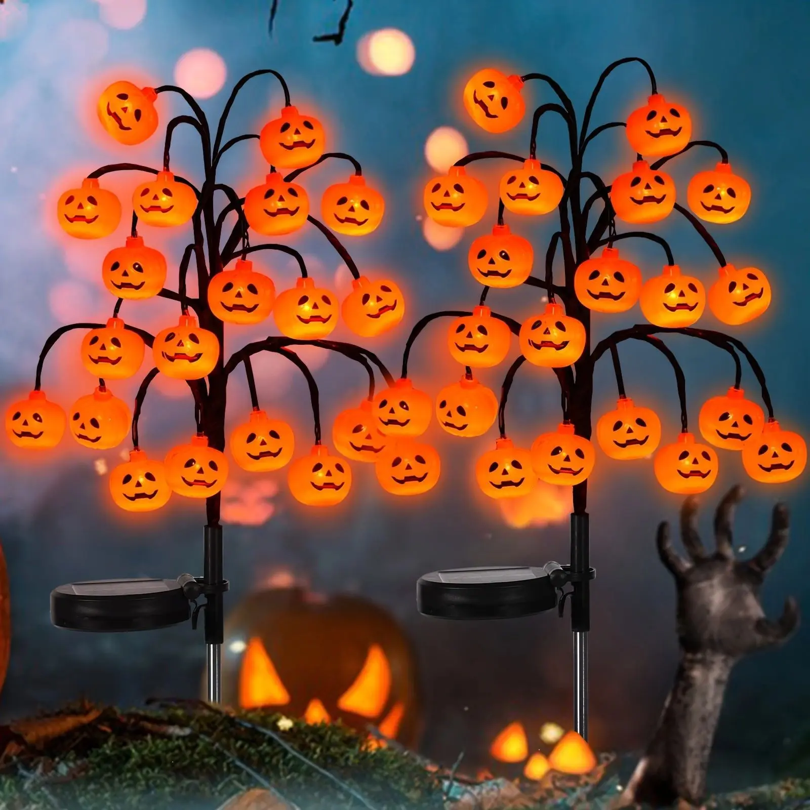 Halloween Solar Pumpkin Branch Stake Lights Outdoor Waterproof Garden Pathway Lights LED Yard Lawn Decor for Halloween Party Porch Walkway Patio Festival Decorations