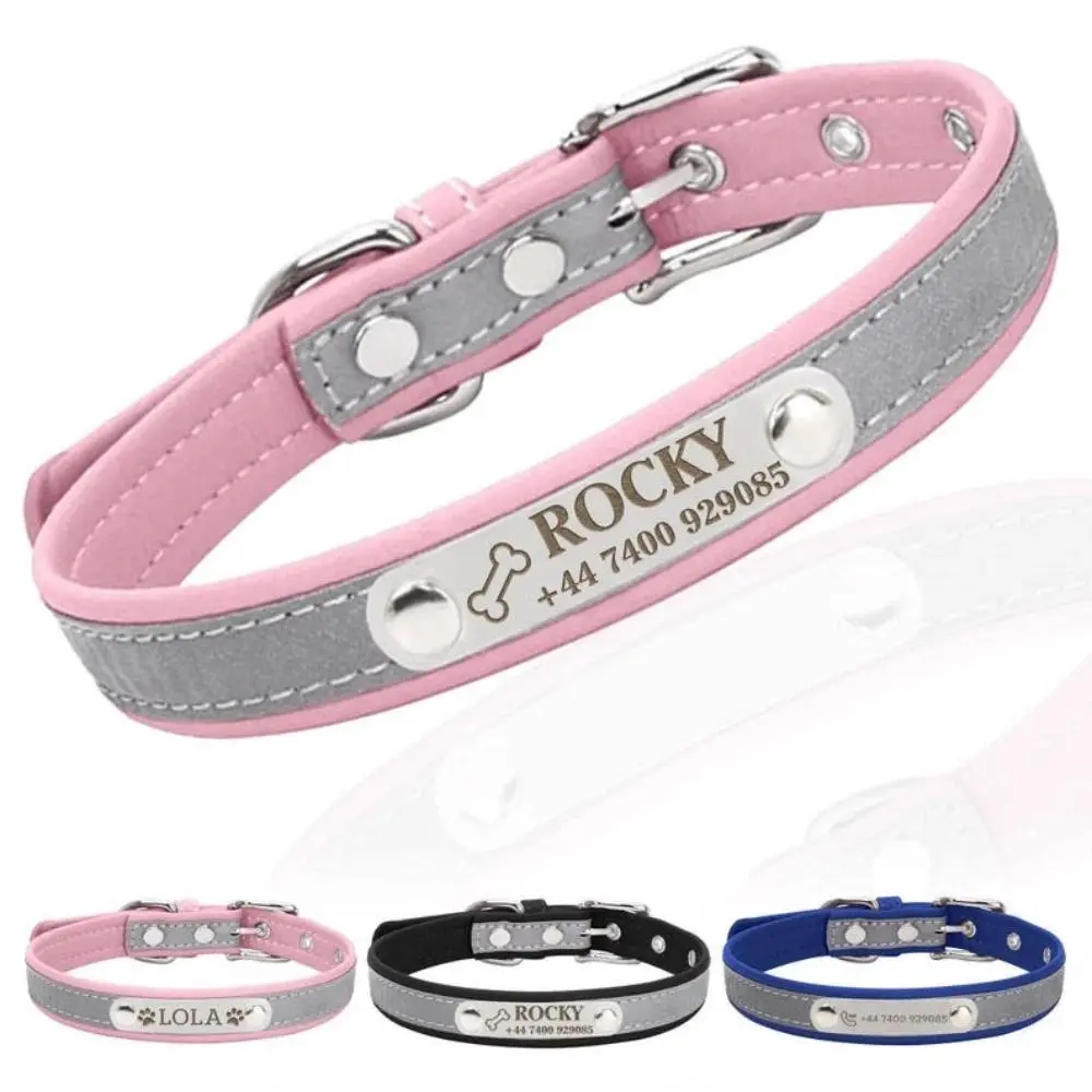 PU Leather Engravable Dog Collar - Personalized ID with Custom Name, Adjustable Sizes for Small Medium Large Breeds, Unique Gift for Dog Lovers