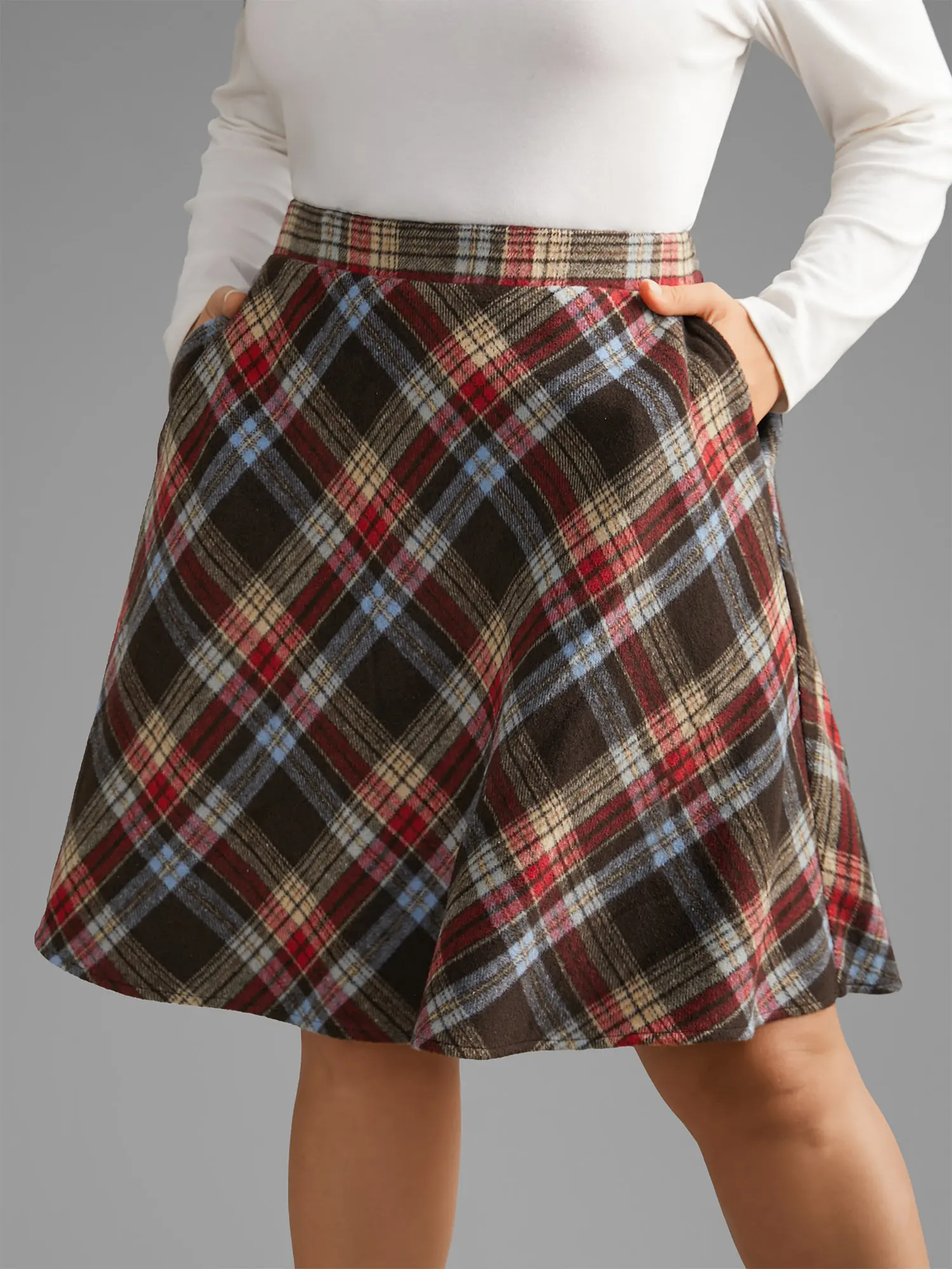 BLOOMCHIC Women's Plus Size Preppy A-Line Midi Skirt - High Elastic High Waist, Slanted Pockets, Polyester-Cotton-Rayon Blend, Blue, M-6X, Low Stretch, Plus Size Fashion, A-Line Cut Clothing, Bottoms, Skirts For Women
