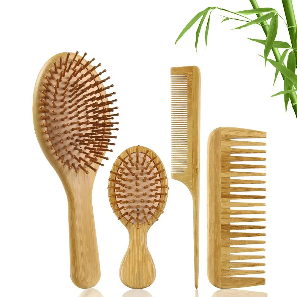 Bamboo Hair Makeup Brush, 4 Counts/set Natural Bamboo Comb Paddle Detangling Hairbrush & Wide Tooth & Tail Comb, Smoothing Hair, Hair Detangling Styling Tool for Women & Men, Trending Product, Summer Gift, Grooming, Curly Hair Care Products