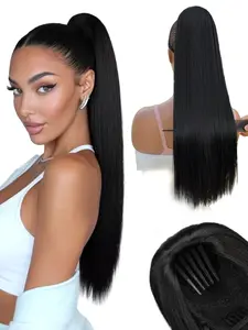 Black Straight Drawstring Ponytail Extension 26 Inch Long Straight Drawstring Ponytail Extension Natural Looking Fluffy Soft Synthetic Cheer Posh Pony Tails Hairpieces Daily Party