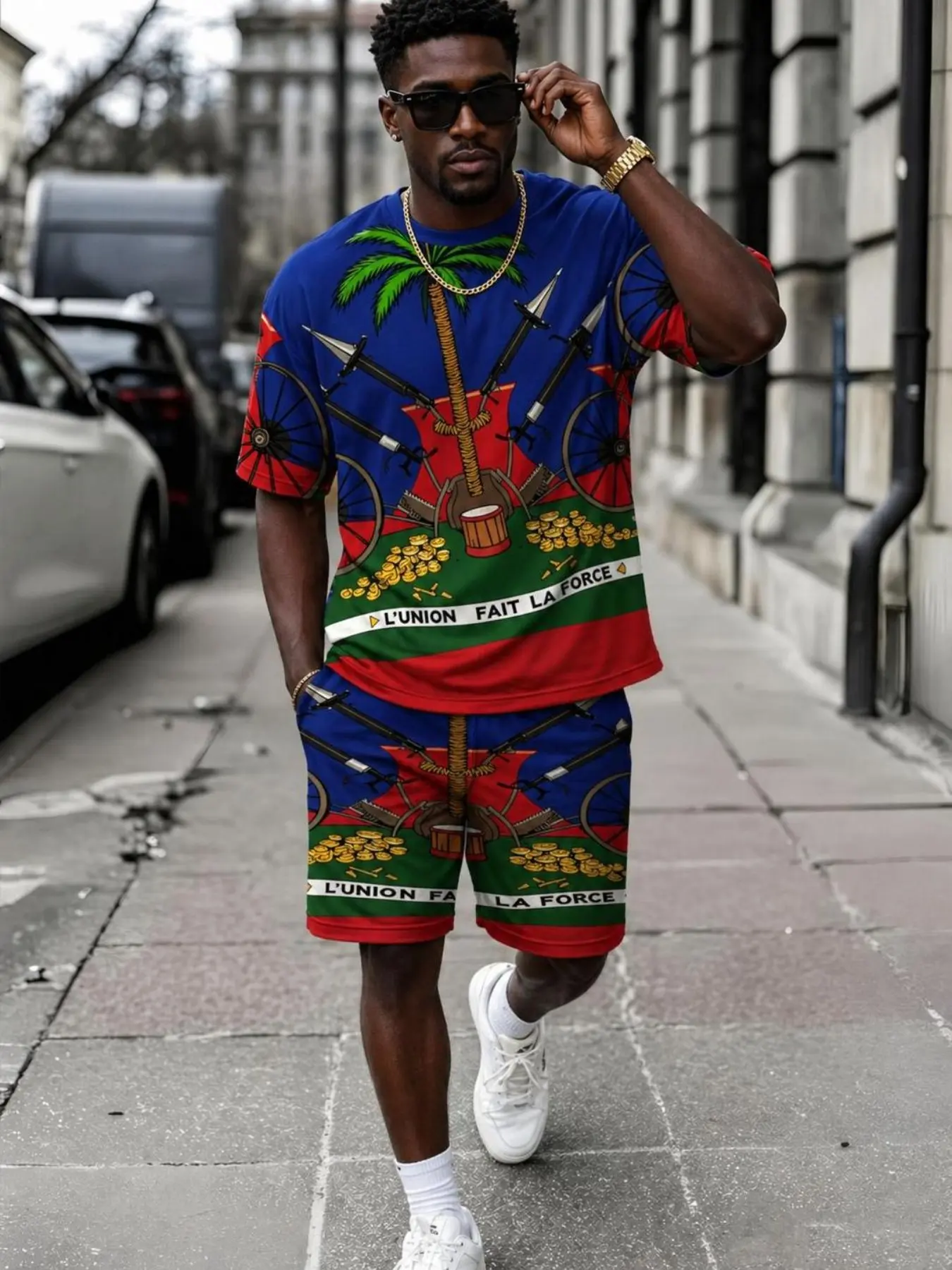 Men's Haiti Emblem Blue Background Summer Casual Printed Tee and Track ...