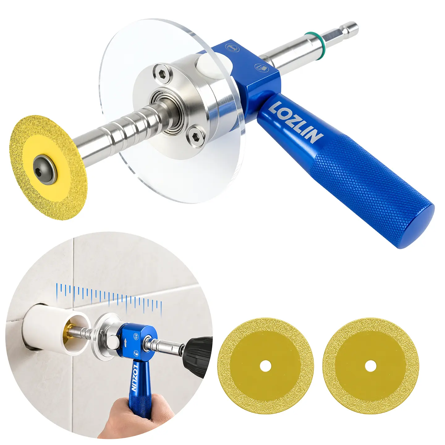 LOZLIN Removable Flange PVC Pipe Inside Cutter with Diamond Grit Wheel, Upgraded Aluminum Alloy Body, 4" Adjustable Cutting Depth, Fits 1.5"-8" Pipes, 1/4" Hex Shank for Drills & Impact Drivers