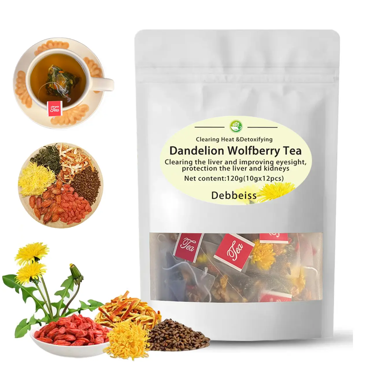 Dandelion Wolfberry Tea Organic Kidney Cleanse Tea Traditional Healthy Tea forMen Women 120g Natural Ingredients IndividuallyWrapped