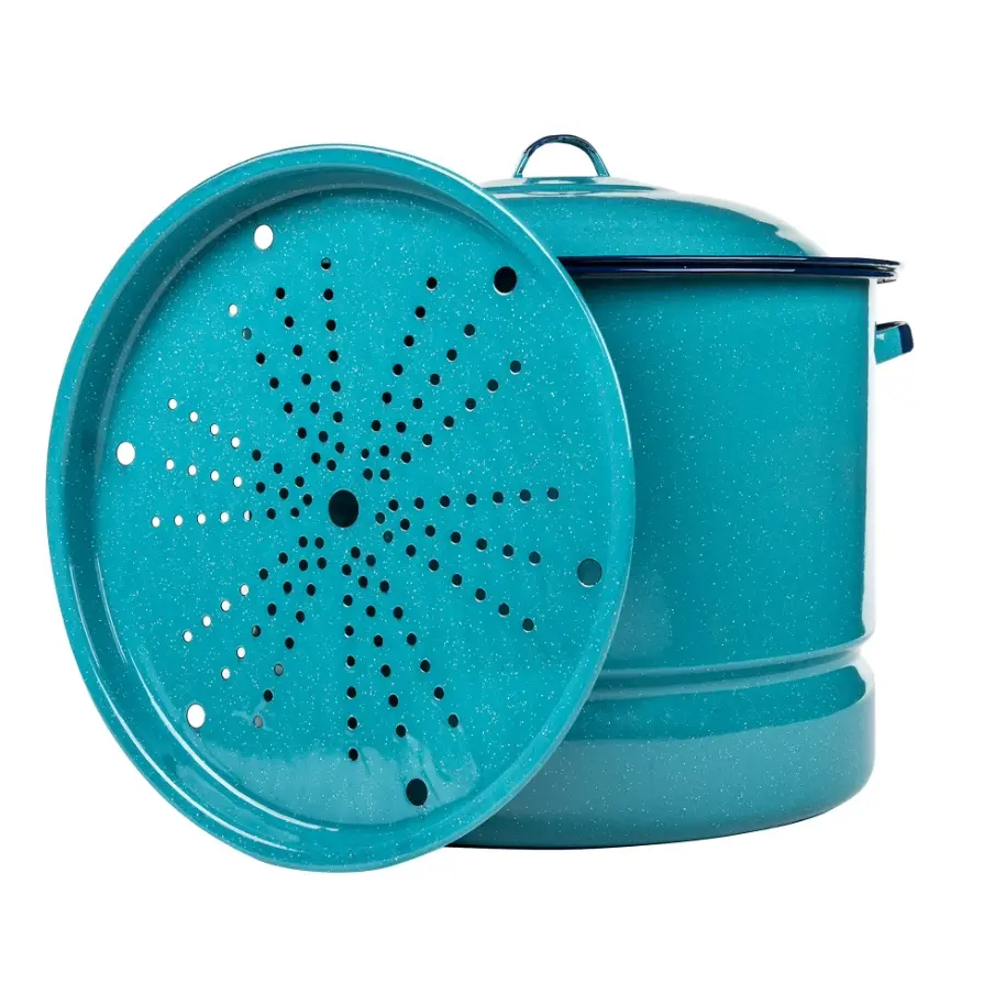34-Qt Thermal Lightweight Enamel-on-Steel Nonstick Steamer Pot with Lid, Trivet, and Easy-to-Clean Design, Blue