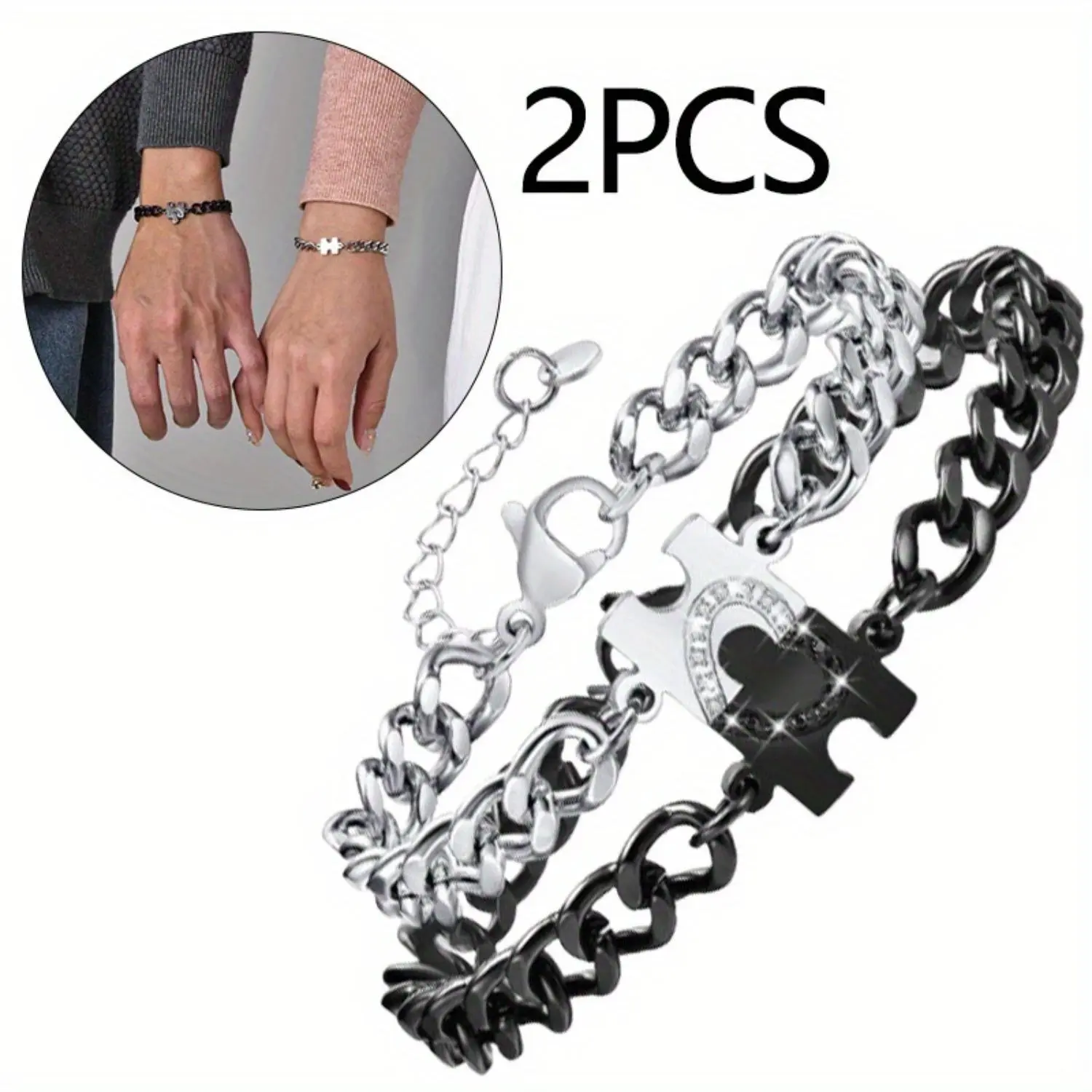 Stainless Steel Personalized Couples Bracelets Set for Men & Women - Long Distance Relationship Gifts, Puzzle Heart Design, Adjustable, Waterproof, Durable Jewelry for Anniversary, Party Supplies, Personalized Couples Bracelet