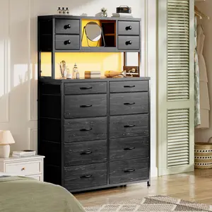 RaybeeFurniture Dresser with 14 Fabric Drawers,Tall Dresser for Bedroom with Charging Station and LED Lights,Dressers & Chests of Drawers for Bedroom, Steel Frame & Wooden Top for Closet, Entryway