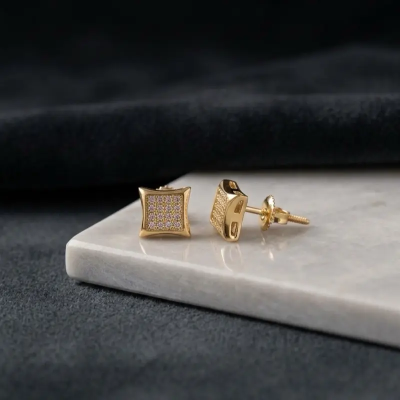 925 Sterling Silver, 14K Gold-Plated Square CZ Stud Earrings