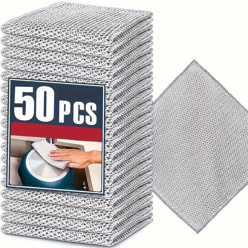 50 Pack Thickened Steel Wire Dishcloth - Oversized 7.87X7.87 Inches Double-Layer Mesh Metal Dishcloth with Reinforced Edges And Scratch-Resistant Wire - Heavy-Duty Dish Cleaning Cloth
