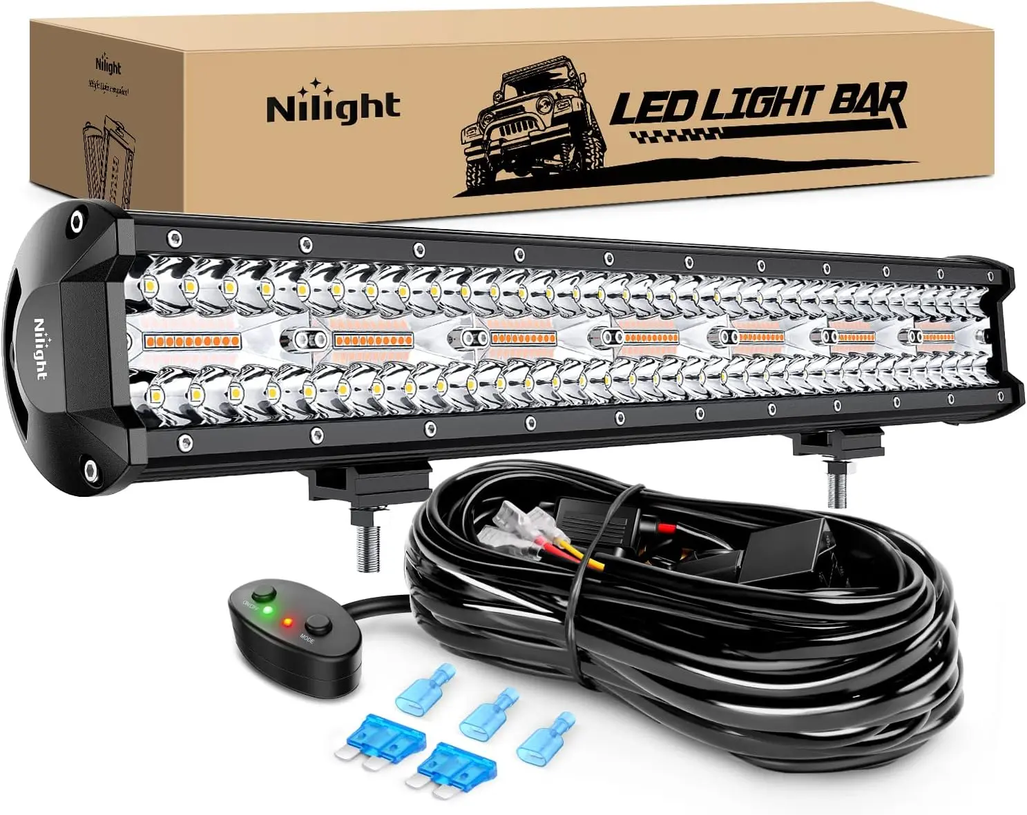 Nilight 20Inch 420W LED Light Bar - 420W Output, 6 Modes (Spot, Flood, Amber, White, Strobe), Memory Feature, 16AWG Wiring Harness Kit for Off-Road Trucks, Boats, Light Bars, Led Work Light