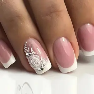 24 Pcs Short Square French Style White Rose Nails for Nail Art and Nail Care aquarius nailz 3d charms