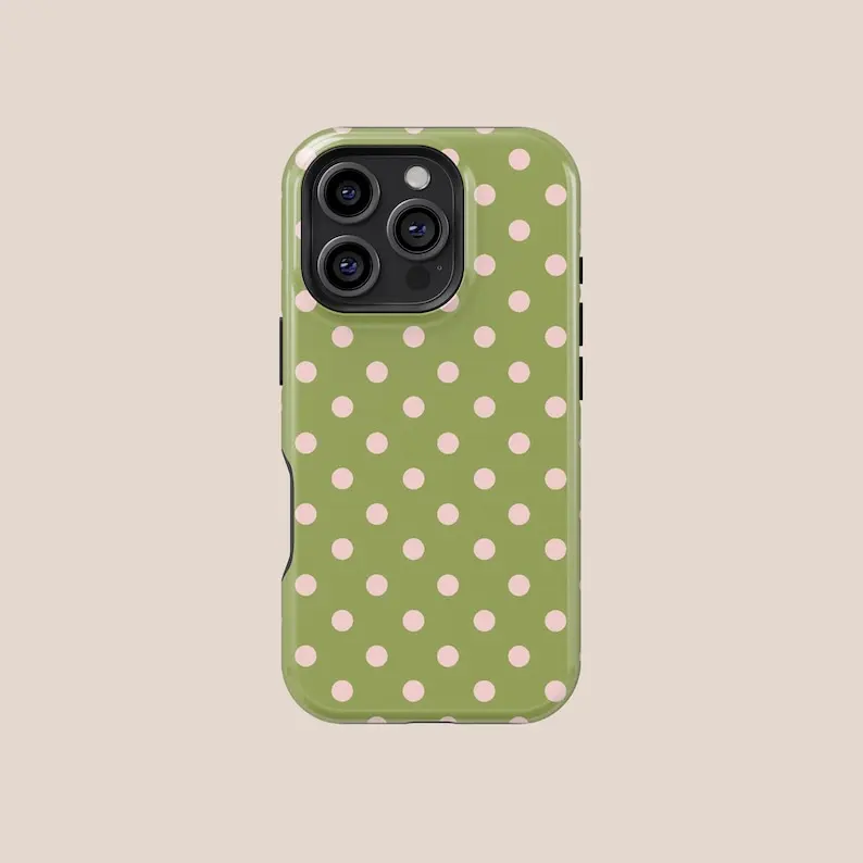Olive Green with Pink Polka Dots Phone Case - Phone Case for Iphone & Samsung |     Aesthetic Style Cover for iphone 17 phone case 16 pro max 15 Plus 14 13 12 11 Cute, clear, military-grade, high-end, durable, shockproof, and drop-resistant 2-in-1 glossy
