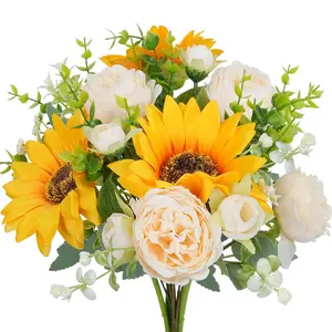 Peonies Artificial Flowers, 5 Pcs Fake Flowers Sunflowers Small Silk Flowers Faux Florals Arrangements Fake Bouquet for Home Decor Indoor Table Centerpiece Bridal Wedding Decor 14inch