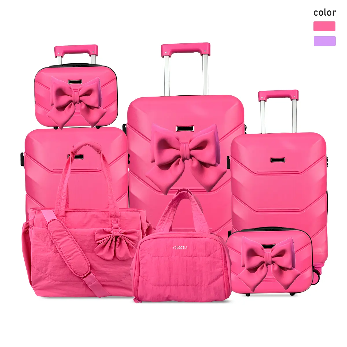 Fashionable 10-Piece Family Suitcases, Hardside Travel System with Bow Accent, Spinner Wheels, USB Port, TSA Lock, Includes Tote & Cosmetic Bag,back to school shopping, Travel Bundle, Luggage Sets