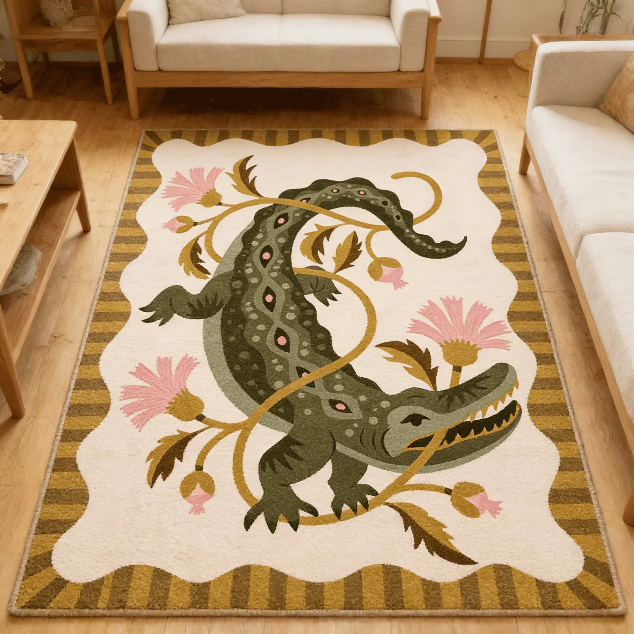 Vintage Tropical Crocodile Flower Carpet Rug, Bohemian Style Soft Washable Mat for Living Room Bedroom, Home Decor, Decorative Rug, Floral Washable Rug, Boho Area Rug, Boho Washable Rug