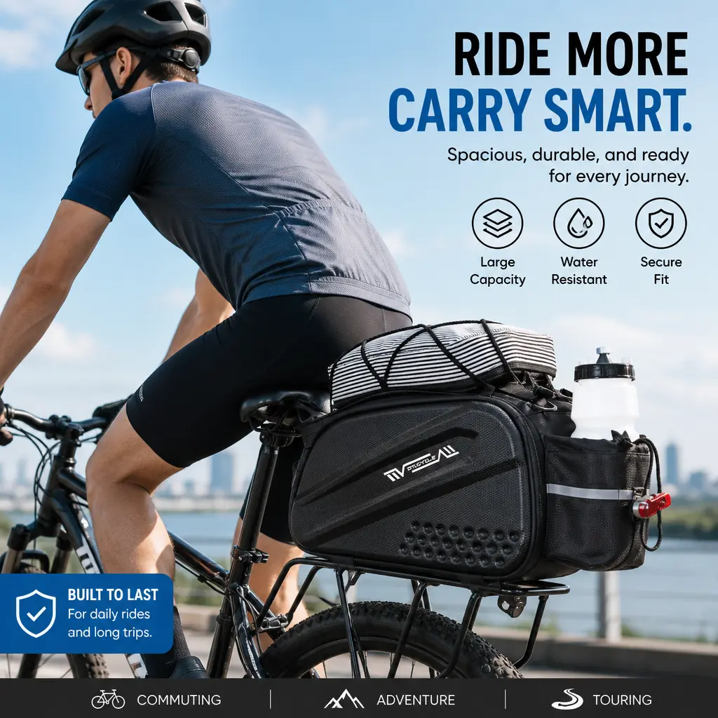 14L Hard Shell Waterproof Bike Rear Rack Bag, 3-in-1 Multifunctional Cycling Trunk Pannier Bag with Reflective Strip Detachable Shoulder Strap Large Capacity Organizer Storage Bag for MTB Road Bike