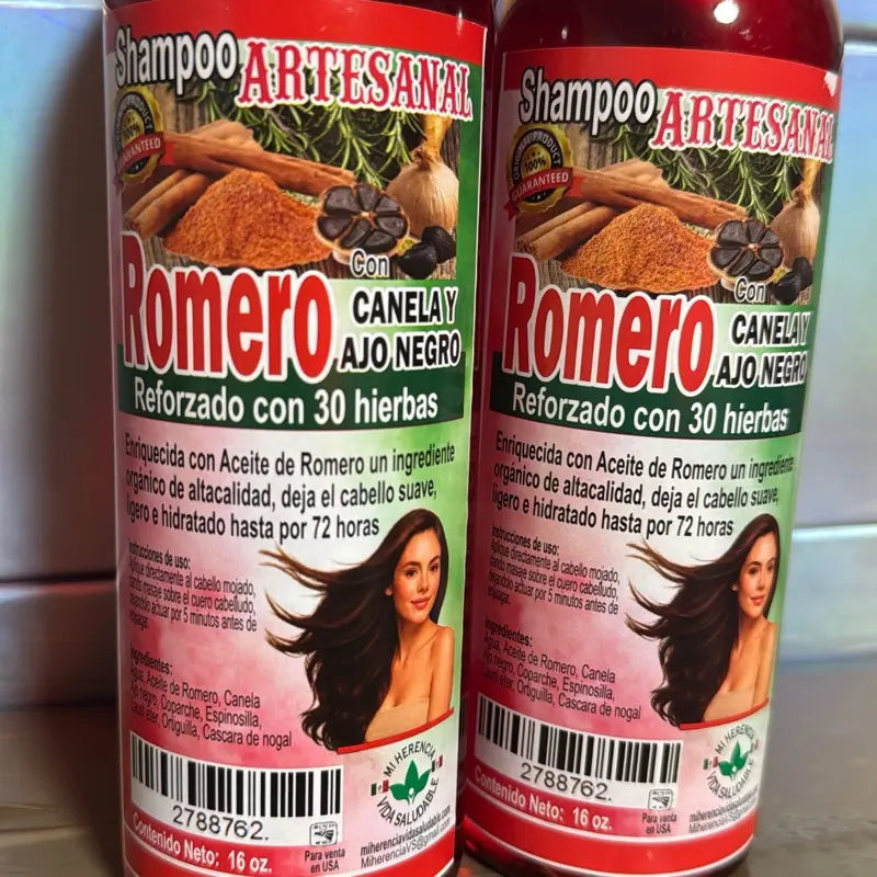 Shampoo Artisanal Romero con Canela y Ajo Negro Reforzado con 30 Hierbas Naturales 16oz for Healthy Scalp and Luscious Hair