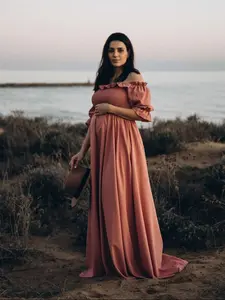 Bohemian Style Flowy Maternity Off-Shoulder Long Dress, Elegant Pregnancy Photography Gown, Comfortable and Stylish, Maternity Clothing, Maternity Outfits, Maternity Dresses