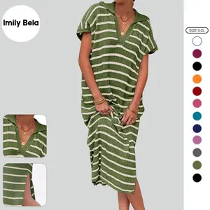 Imily Bela Womens Striped Summer Dresses Short Sleeve V Neck Knit Collared Sexy Slit Loose Maxi Sweater Dress SpringStatements