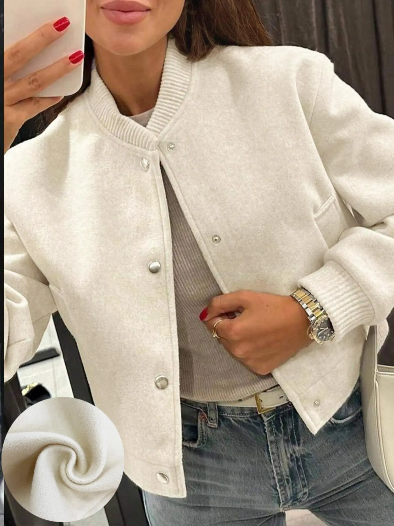 Women's Short Flight Jacket, Long Sleeve Autumn Baseball Jacket, Fashionable Winter Button-Up Coat, Street Style Casual Pilot Jacket, Outerwear, Streetwear