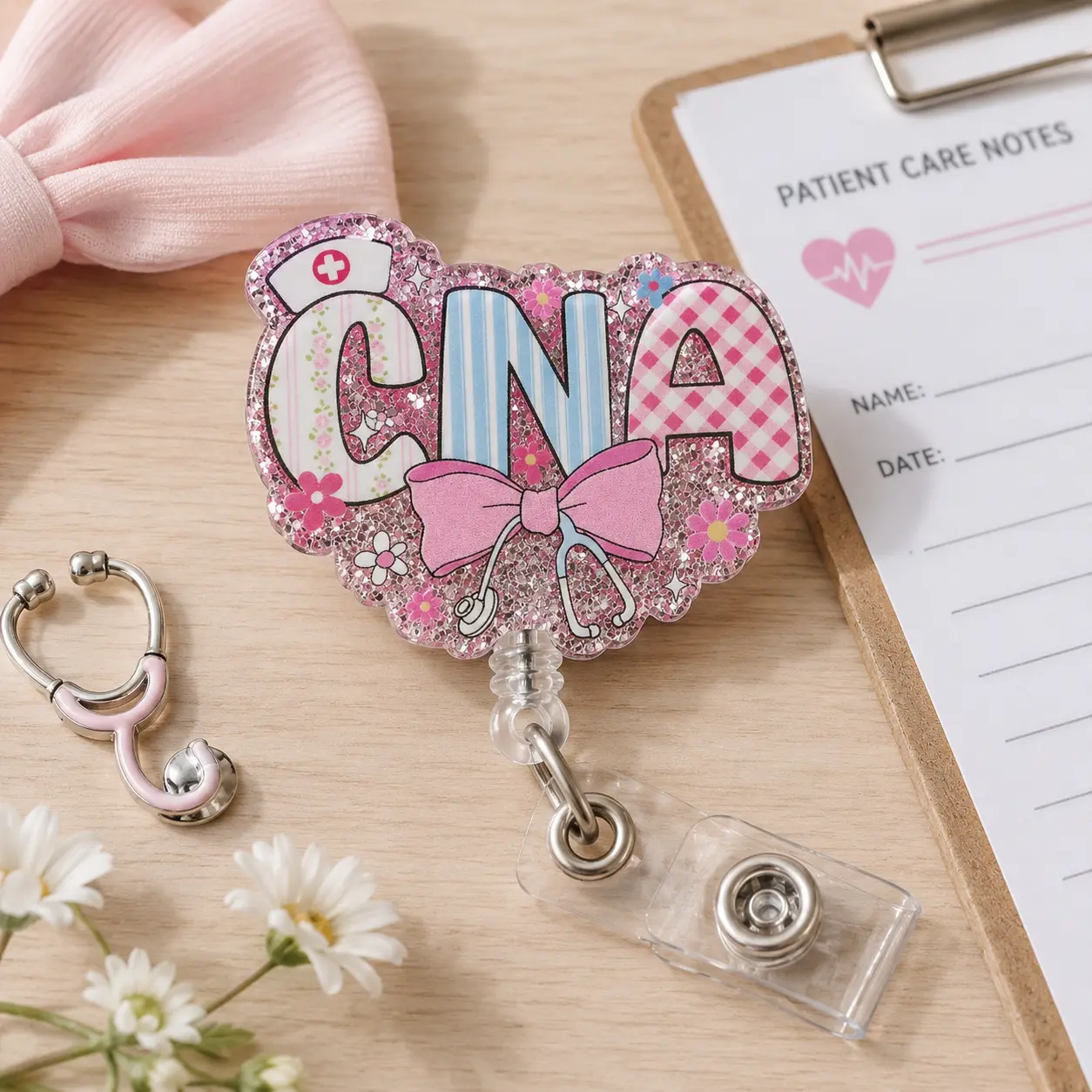 CNA Retractable Badge Reel - Pink Glitter Background Acrylic Holder with Stethoscope Bow, Glossy Finish, Multi-Size Strap for Credential Show (Nursing Assistants)