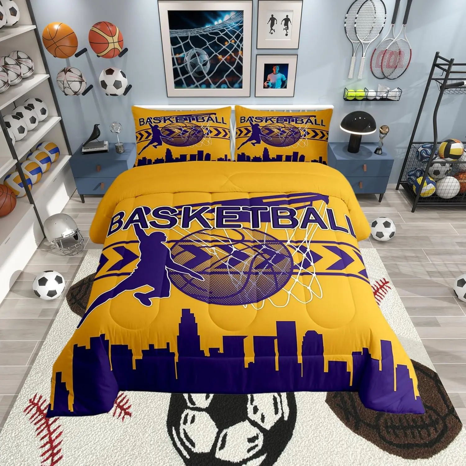 Basketball Comforter Set,Basketball Athlete Modern Sports Yellow Purple Bedding Set for Boys,American City Silhouette Los Angeles Comforter