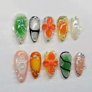 Y2K Neon Ombre Press On Nails | 3D Flower Abstract Almond Nails | Colorful Handmade Nail Set