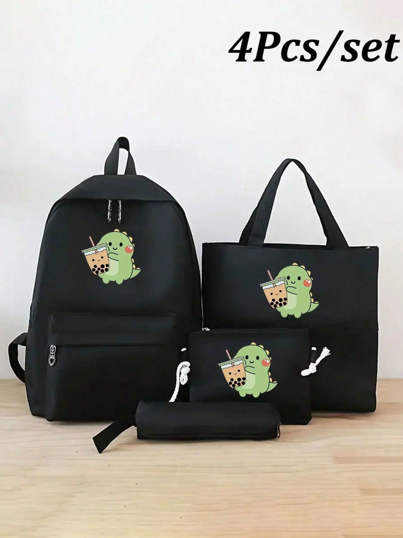 4-Piece Cartoon Frog Pearl Milk Tea & Dinosaur Print Backpack Set, Fashionable Large Capacity Shoulder Bag, School Supplies for Teens