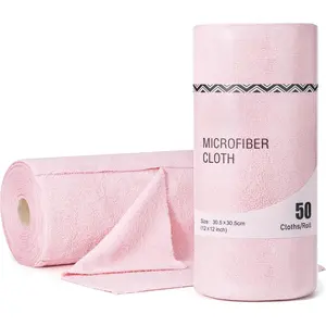 Microfiber Cleaning Cloth Reusable Paper Towels Rolls 50 Packs 12x12 inch for Kitchen Bathroom Car Pink Lint-Free Streak-Free Soft Absorbent