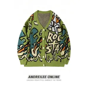 Unisex casual loose-fit V-neck knitted sweater with dinosaur cartoon letter print, suitable for spring, autumn, and winter; cute knitwear