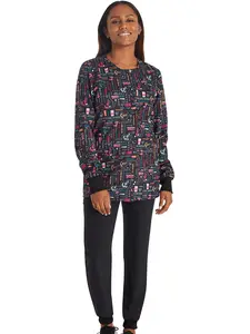 Cherokee Genuine Women's Snap Front Print Warm-Up Scrub Jacket Modern Classic Fit with Rib-Knit Cuffs & Instrument Loops