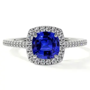 Classic Square Cushion Blue Sapphire Halo Ring with Pave Set Diamonds (1.46cttw)- RBS015-6X6-AAAA