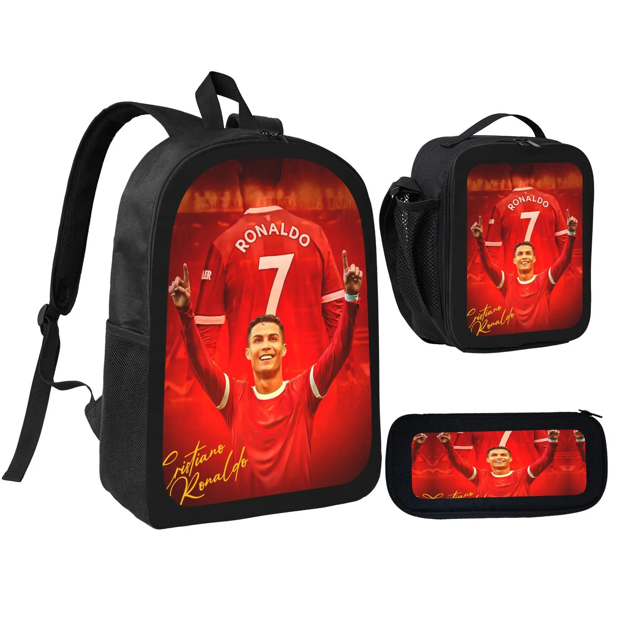 Kids' 3-Pcs Youth Backpack Set Pack - Cristiano Ronaldo Number 7 Red Jersey Image Print, School Fit Lunch Bag, Pencil Pouch for Sports Fans, Player Print