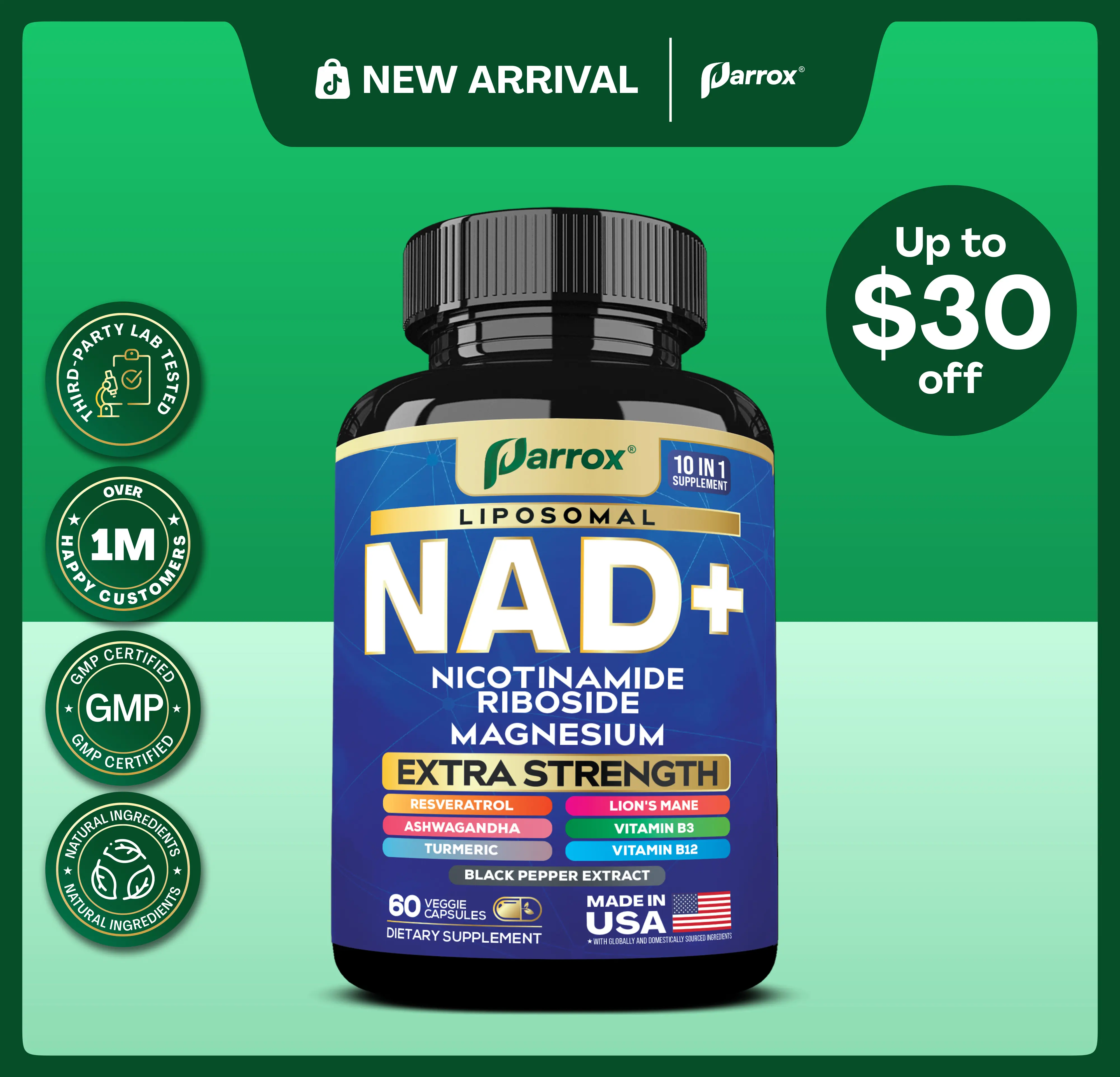 Parrox NAD+ Supplement - NMN Alternative | NR | Magnesium | Resveratrol Complex | Anti-Aging Support Healthcare | Vitamin Dietary Supplement - Made in USA - 60 Capsules