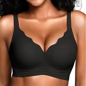 Women's Black jelly bras No Underwire T-Shirt bra Seamless Comfortable Soft Wireless Basic Bridal One Piece Minimalist Everyday Wear with Adjustable Straps Vneck Breathable push up bra