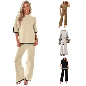DUTUT Women's Loungewear Set Soft Stretchy Knit Top & Wide Leg Pants Cozy Nightwear for Casual Outings Home Comfort Solid Color Crew Neck Pullover Patchwork Design