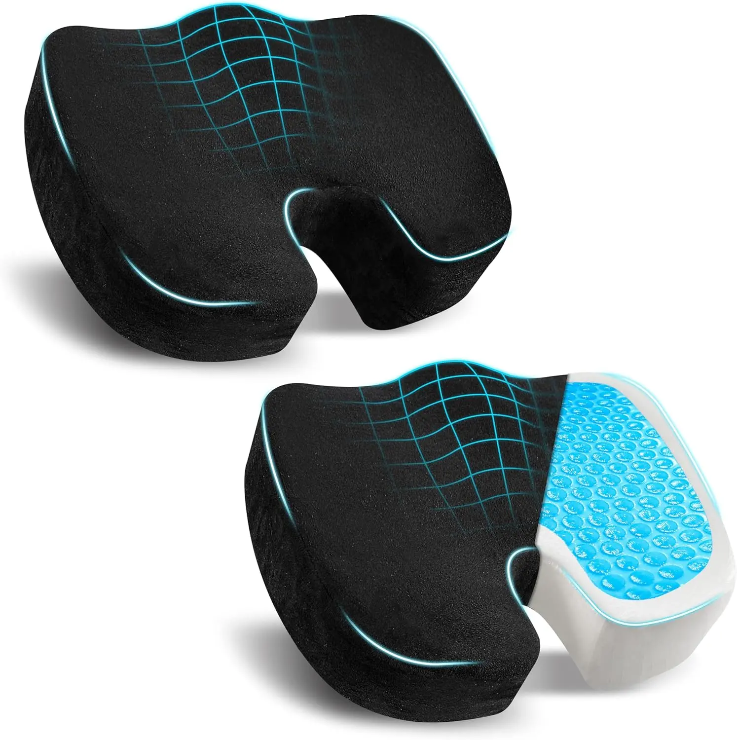 EcoNour 2-Pack Orthopedic U-Shaped Memory Foam Gel Seat Cushion - Ergonomic Cooling Cushion with Gel Tech for Tailbone, Sciatica Relief, Office/Car Accessory, Foam Lumbar Pillow, C-Shaped Lumbar Support, Foam Lumbar Pillows