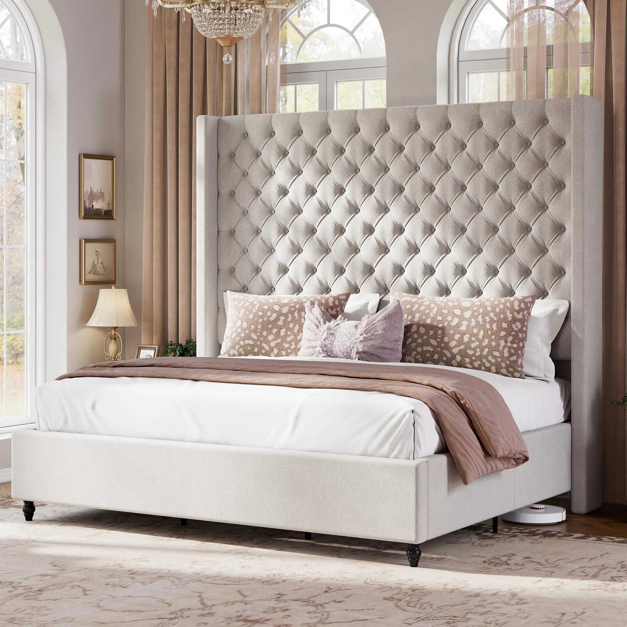 [SummerWins] [SummerFinds] ALBOTT Bed Frame with 65" Tall Headboard, Upholstered Wingback Platform Design, Handcrafted Pleats & Deep Button Tufted, Solid Wood Legs, No Box Spring Needed, Cream/White/Grey