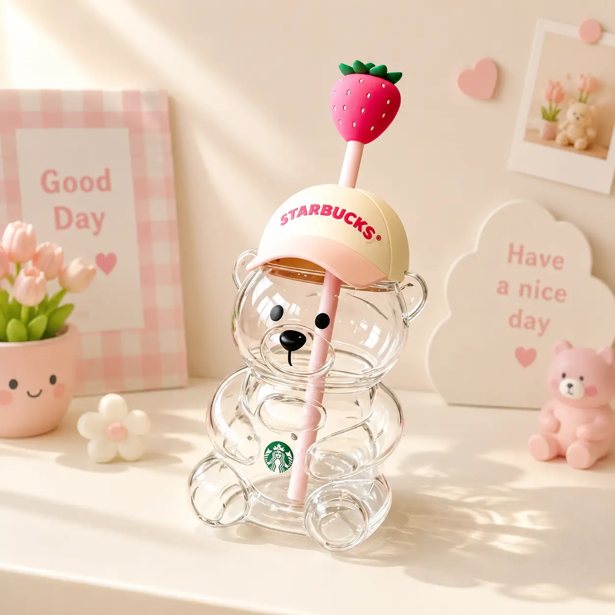 SummerWins Strawberry Bear Shaped Glass Cups, Romantic Pink & Green Teddy Bear Glass Mug with Airtight Cap, Decorative Drinking Jar for Valentine’s Party Decor, Engagement, Anniversary Gift, Creative Cocktail & Soda Glassware