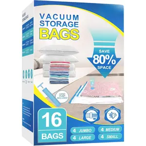 16 Pack Vacuum Storage Bags with Hand Pump, 4  + 4 Large + 4 Medium + 4 Small Plastic Packaging Bags, 80% Space Saver Vacuum Seal Bags for Clothing, Travel Lugggage, Blankets, Comforters