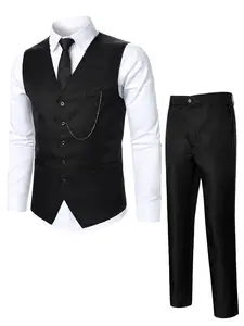 Men's Vest and Pants Set, Sleeveless, Elegant Matching, Stylish Metal Chain Accessories, Business and Formal Wear, Custom Fit, Comfortable and Fashionable, Formal Business Suit