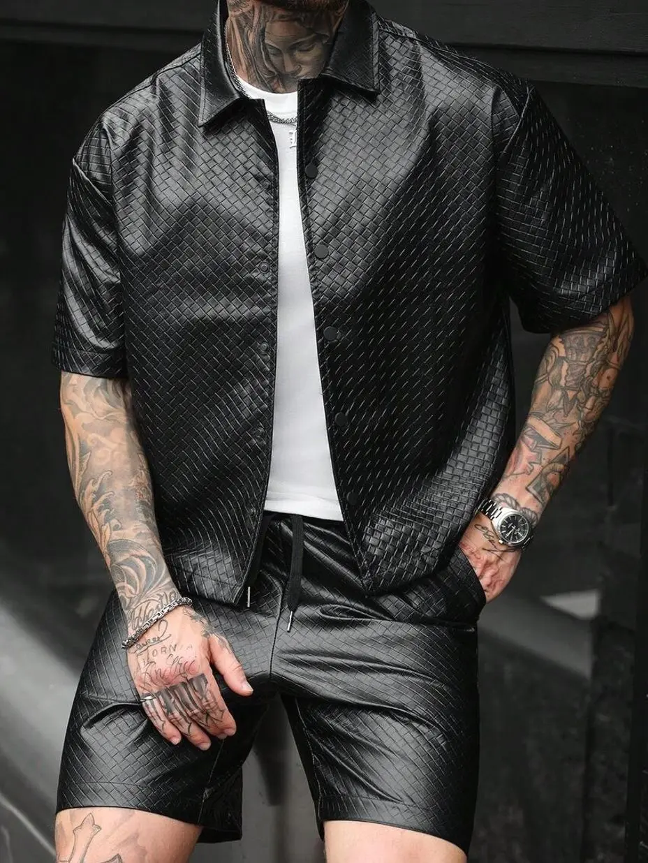 Men's 2 piece sets - Men's Black Textured 2-Piece Short Set, Casual Streetwear Button-Down Shirt & Matching Shorts Summer Outfit men shorts summer clothing trending clothing trending clothes male clothing shorts for the summer men 2 piece sets