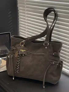 Women's Vintage Large Capacity Tote Bag, Slouchy Tote, Pentagram Pendant Drawstring Design Casual Daily Shoulder Bag, Stylish and Practical Handbag