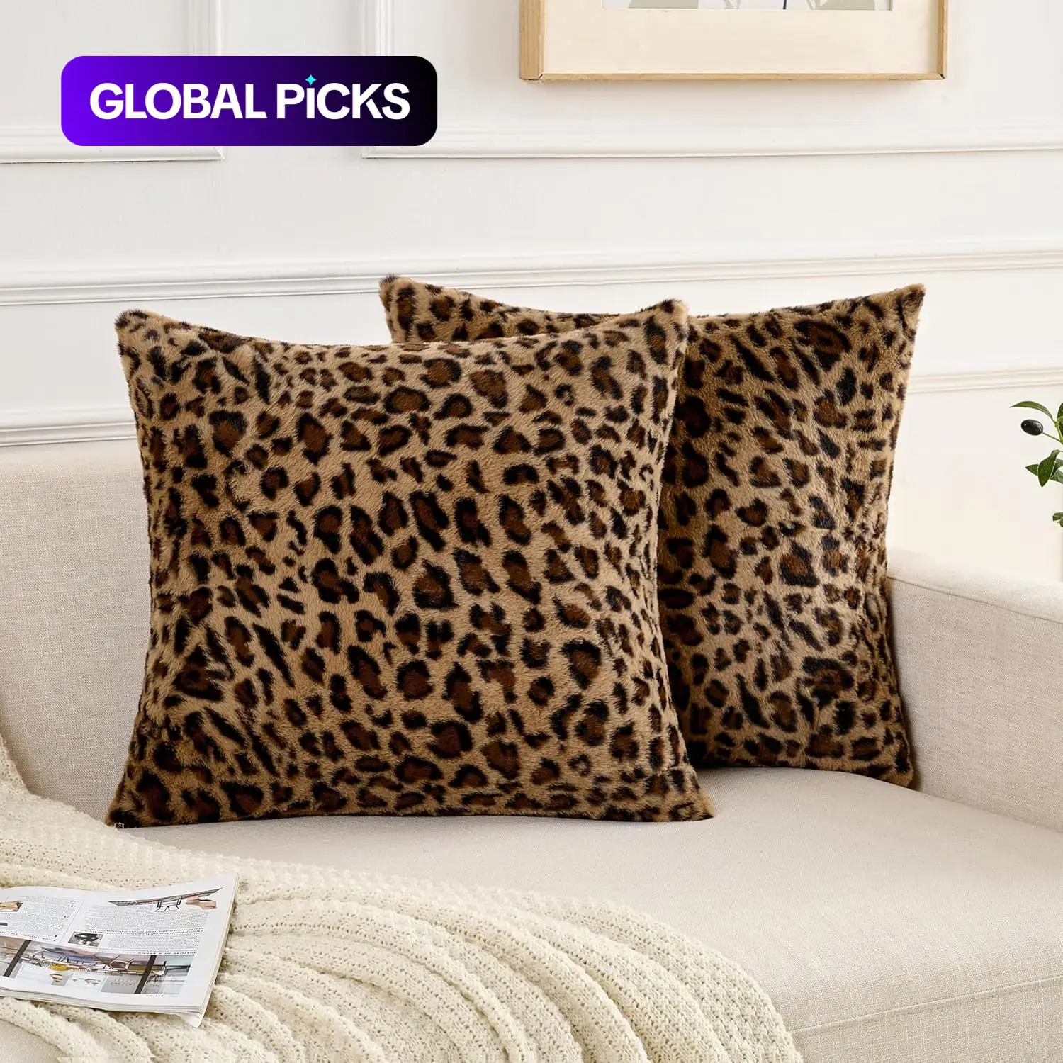 2-Piece Leopard Print Pillow Covers, 18 x 18 inch Faux Fur Soft Plush Double-Sided Sofa Cushion Cases, Cheetah Print Decorative Pillowcases for Living Room and Bedroom Home Textile Decor #GLOBAL PICKS