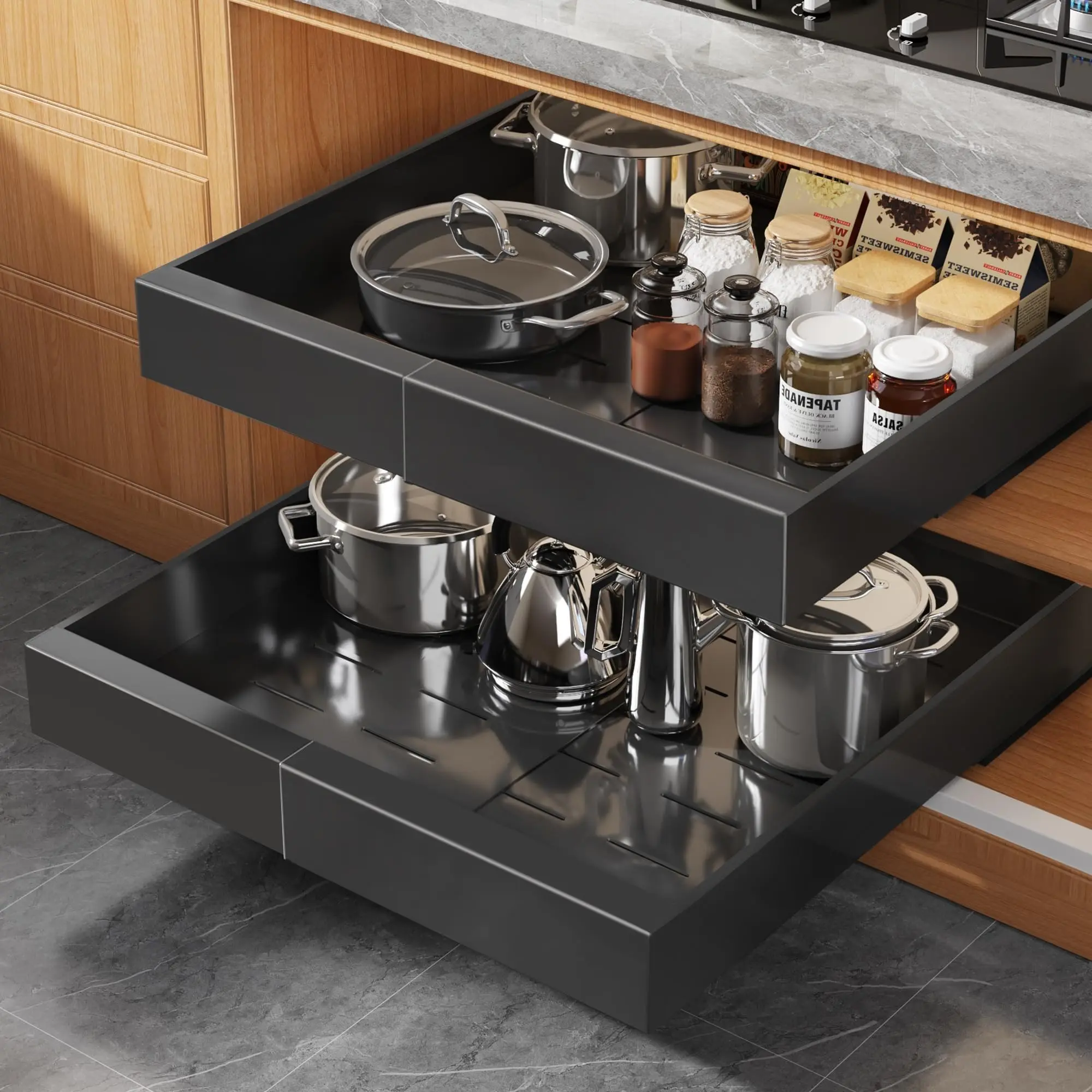 2 Pack Expandable Pull Out Cabinet Organizer 21"Deep With Raising Pad for Framed Cabinets, Upgrade 3 Slide Rails Slide Out Drawers, Roll Out Shelves Adhesive,Adjustable Width 12.05"-20.4", Black