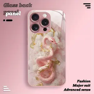 Noble White Snake Design Pattern Niche Pink Metallic Paint Phone Case for iPhone 16/16 Pro/16 Plus/16 Pro Max/16e/15/15 Pro/15 Pro Max/14/14 Pro/14 Plus/14 Pro Max/13/13 Pro/13 Pro Max/13/12/11/XR/XS/X Anti-drop Reinforced Full-Coverage Tempered Glass Pro