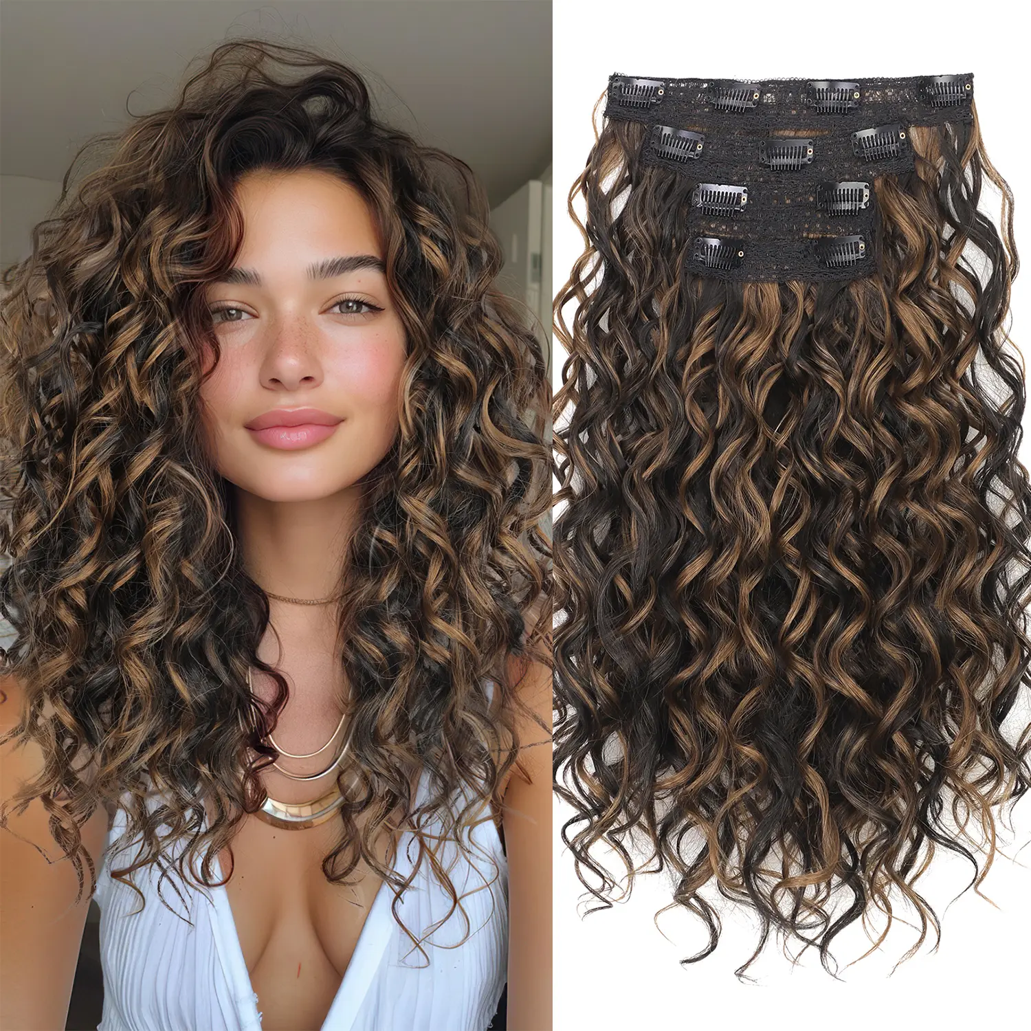 AISI HAIR 4PCS 16 inch Clip-in Curly Hair Extensions Natural Lace Weft Tangle-Free Fiber Secure Fit for Women's Everyday & Special Occasion Use Wavy Synthetic Hair Soft Synthetic Hair,summerhairstyles