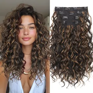 AISI HAIR 4PCS 16 inch Clip-in Curly Hair Extensions Natural Lace Weft Tangle-Free Fiber Secure Fit for Women's Everyday & Special Occasion Use Wavy Synthetic Hair Soft Synthetic Hair